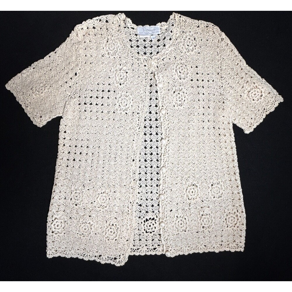Vintage Crocheted Button Front Short Sleeve Cardigan Cottagecore  Granny C-36" M